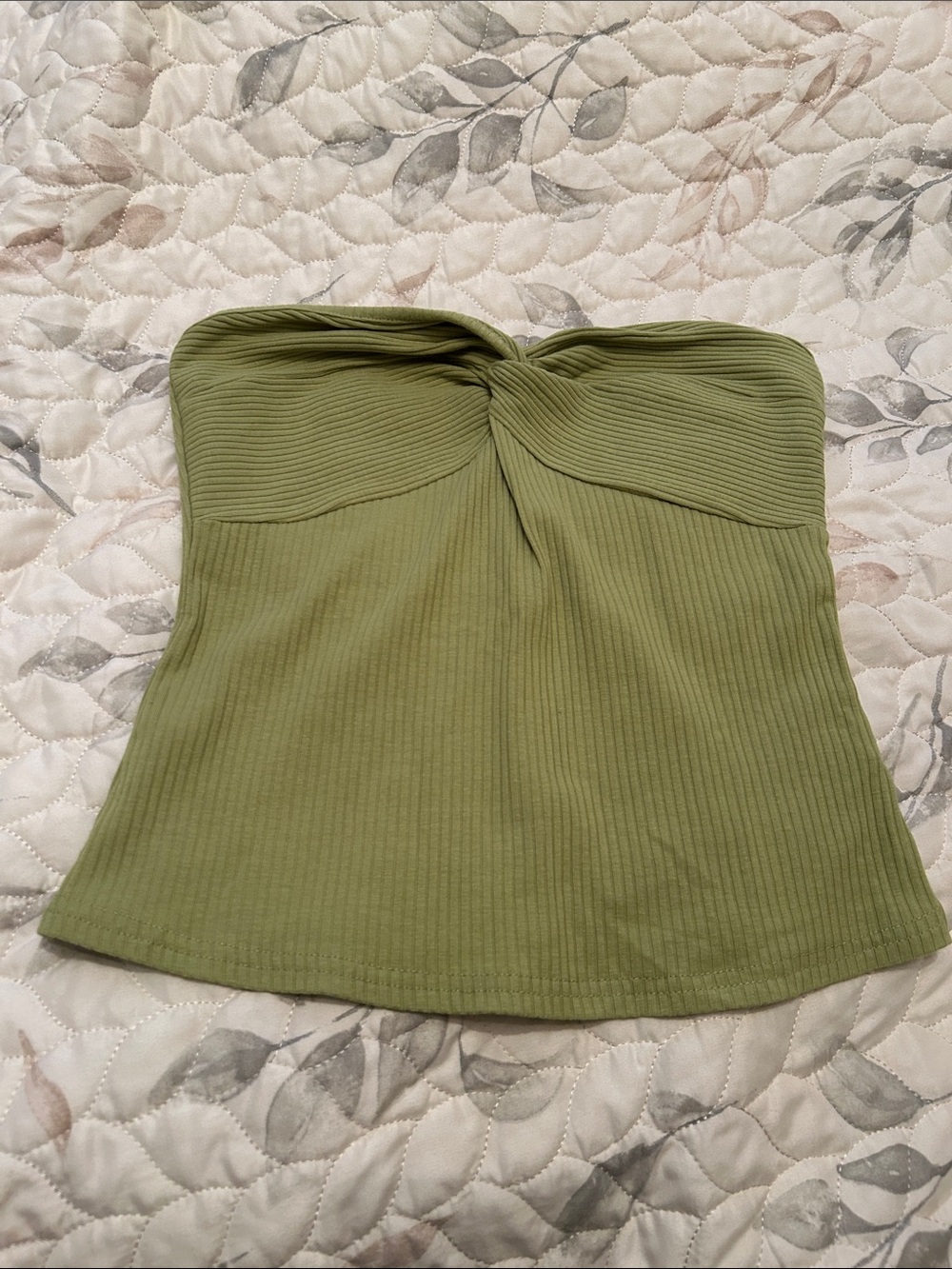 Strapless Twist-Front Ribbed Top - Light Olive Green
